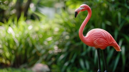 Plastic pink flamingo ornament in lush green garden background