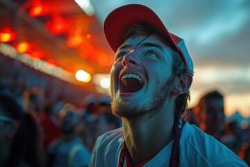 Young sports fan cheering loudly wearing a red baseball cap at night