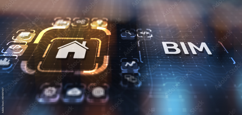 Poster bim building information modeling technology concept on virtual screen.