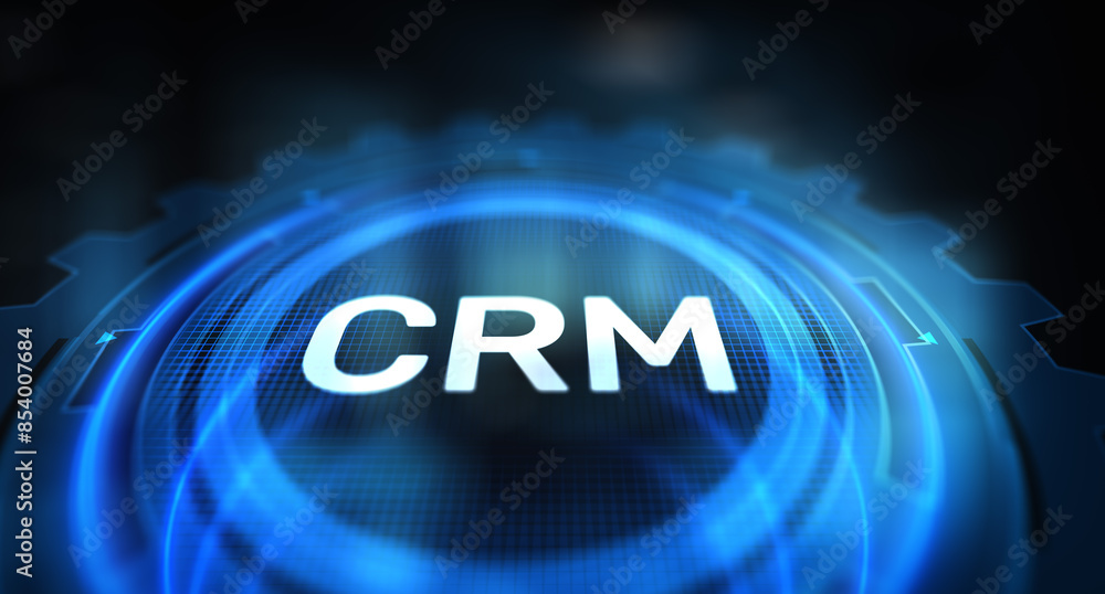 Poster crm - customer relationship management automation system software. business and technology concept.