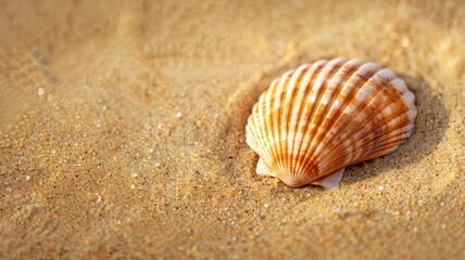 Seashell resting on golden sand at beach