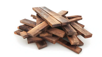 Stack of Rustic Wooden Beams Isolated on White Background