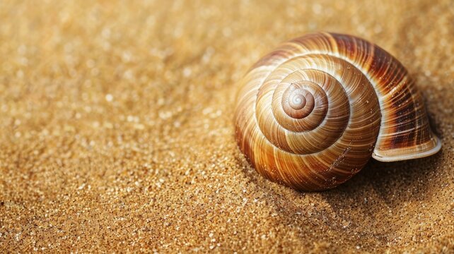 Close-up of snail shell on sandy surface with concentric patterns