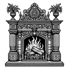 Fototapeta premium Classic Fireplace engraving PNG illustration
