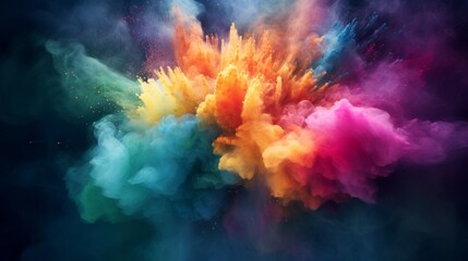 Holi color powder explosion bright colorful rainbow against a dark background.