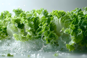 Fresh Lettuce and Vegetables Splashed with Water on a Surface