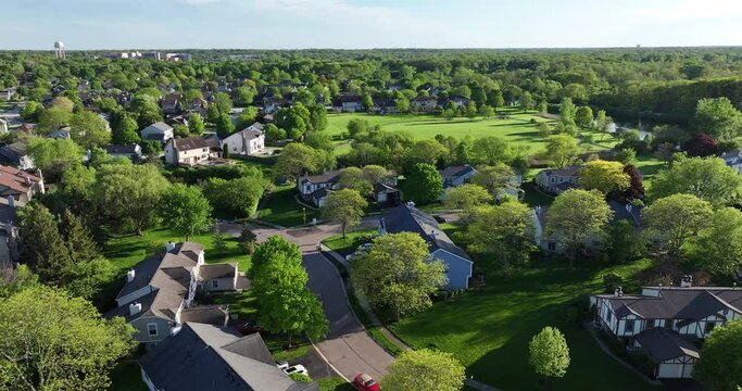 Aerial view of a residential neighborhood in Wheaton, Illinois. A suburb of Chicago, IL. USA.