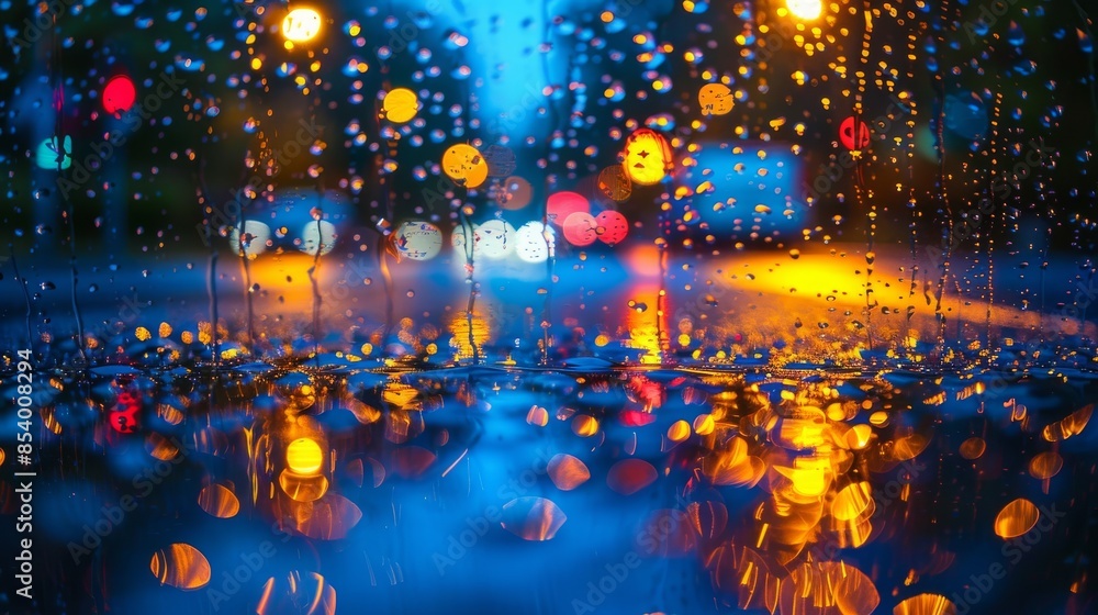 Poster a captivating display of bokeh lights reflecting on water droplets after rainfall