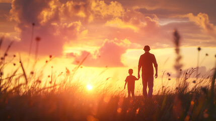 Silhouettes of Father and Children at Sunset in Field