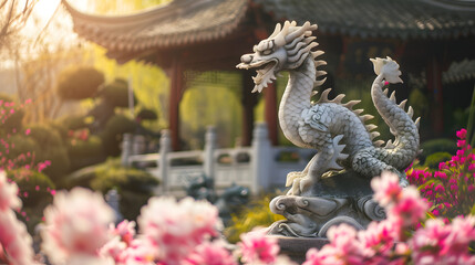 Jade dragon statue in a tranquil Chinese garden, surrounded by blooming flowers.


