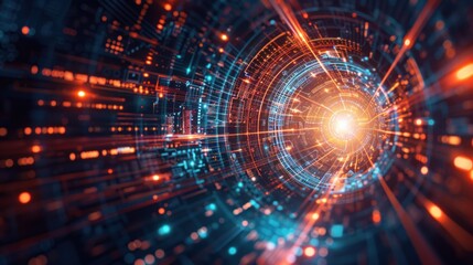 Obraz premium A futuristic image showcasing digital elements like graphs, charts, and icons radiating from a central point using a zoom burst effect. This symbolizes the integration of technology and innovation in