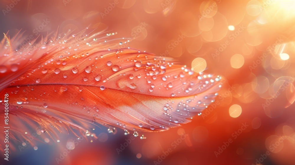 Poster a close-up image of a delicate red feather adorned with water droplets against a bokeh background, h