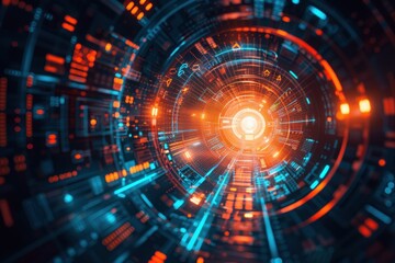 Fototapeta premium A futuristic image showcasing digital elements like graphs, charts, and icons radiating from a central point using a zoom burst effect. This symbolizes the integration of technology and innovation in