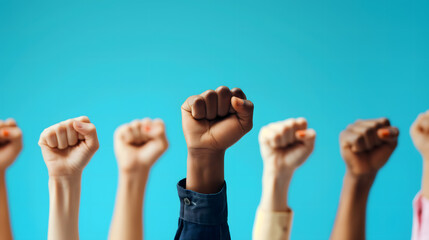 Unity and Diversity Represented by Raised Fists Against a Teal Background