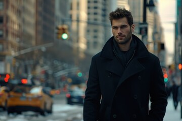 A handsome male model walks through a bustling city street in a dark overcoat.