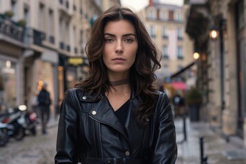 Fototapeta premium A woman in a black leather jacket walks down a street in Paris.