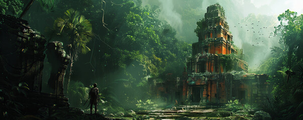 Obraz premium Adventurers explore the abandoned ruins of an ancient temple hidden in dense jungle.