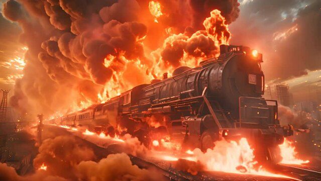 a huge freight train wreck with fire.generative ai