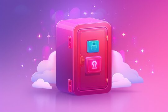 A secure server depicted as a red vault with a padlock and keyhole, floating on clouds in a magical, glowing sky.