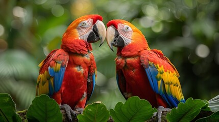 Fototapeta premium This image shows two captivating Scarlet Macaws perching together among lush green foliage