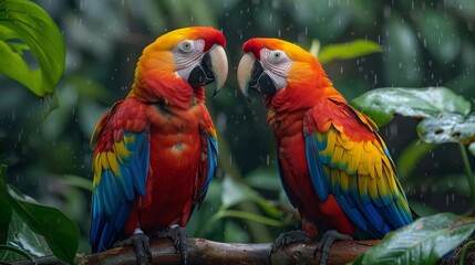 Obraz premium A vibrant image capturing two Scarlet Macaws with raindrops around them, showcasing their colorful plumage