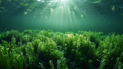 Obraz premium An enchanting underwater scene of a aquatic forest bathed in sun rays filtering through above