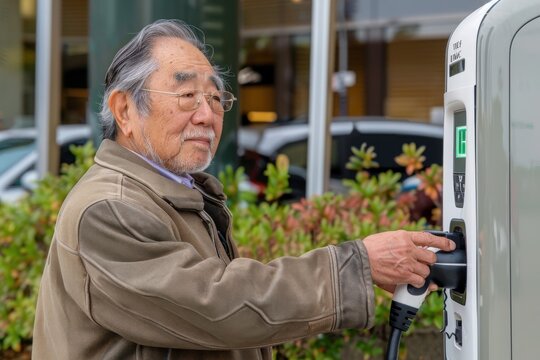 A mature Asian man plugs in an electric car charging cable at a public charging station.