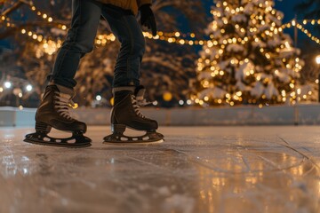 Naklejka premium Winter evening ice skating in city lights