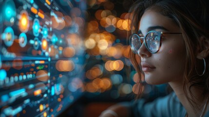 Close-up shot of a person inspecting server lights and hardware in a dark room