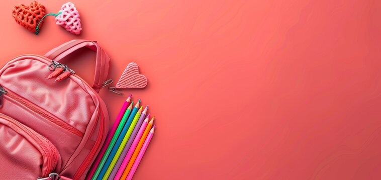 Pink backpack with colorful pencils and heart-shaped erasers on a coral background. Perfect for back to school or art supplies marketing. Flat lay of back-to-school items including a backpack