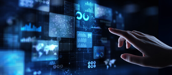 Business intelligence analyst dashboard on virtual screen. Big data Graphs Charts.