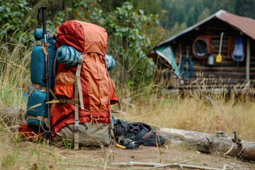 Backpack with mountain hiking equipment laying around