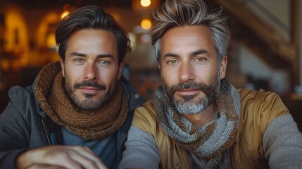 Fototapeta premium A lifestyle portrait capturing two attractive, well-groomed mature men with striking beards, warmly dressed in autumn fashion