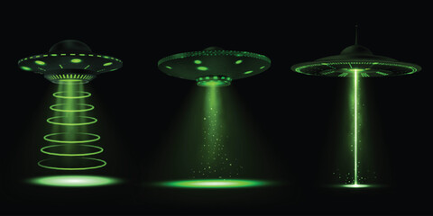 UFO set: alien ships with green beams. Isolated black background. © sabelskaya