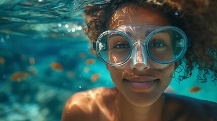 Naklejka premium Engaging underwater view of a cheerful young woman with goggles, swimming in a coral reef rich in marine life