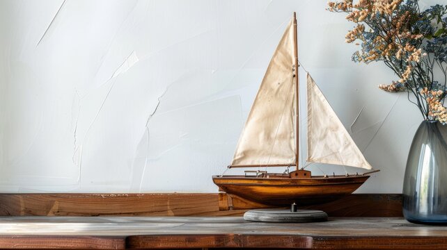 Model sailboat beside vase with dried flowers on wooden shelf against textured white wall - Powered by Adobe