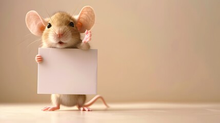 Fototapeta premium Mouse with a Blank Sign: A tiny mouse standing on its hind legs, holding a blank sign with its front paws.