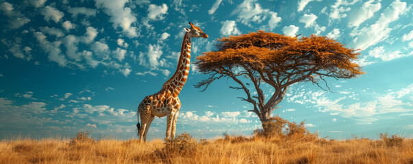 A graceful giraffe reaching for leaves on a tall acacia tree, its long neck stretching towards the sky.