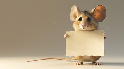 Mouse with a Blank Sign: A tiny mouse standing on its hind legs, holding a blank sign with its...