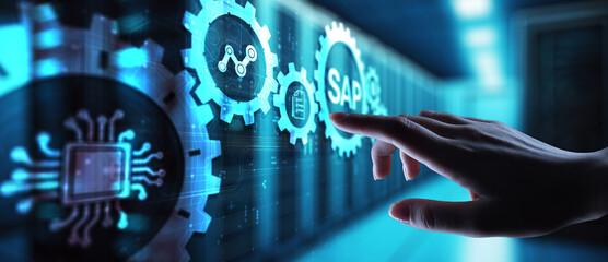 SAP - Business process automation software. ERP enterprise resources planning system concept on...