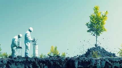 Fototapeta premium Bioremediation process, treating contaminated soil, scientists and equipment