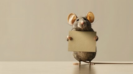 Mouse with a Blank Sign: A tiny mouse standing on its hind legs, holding a blank sign with its...