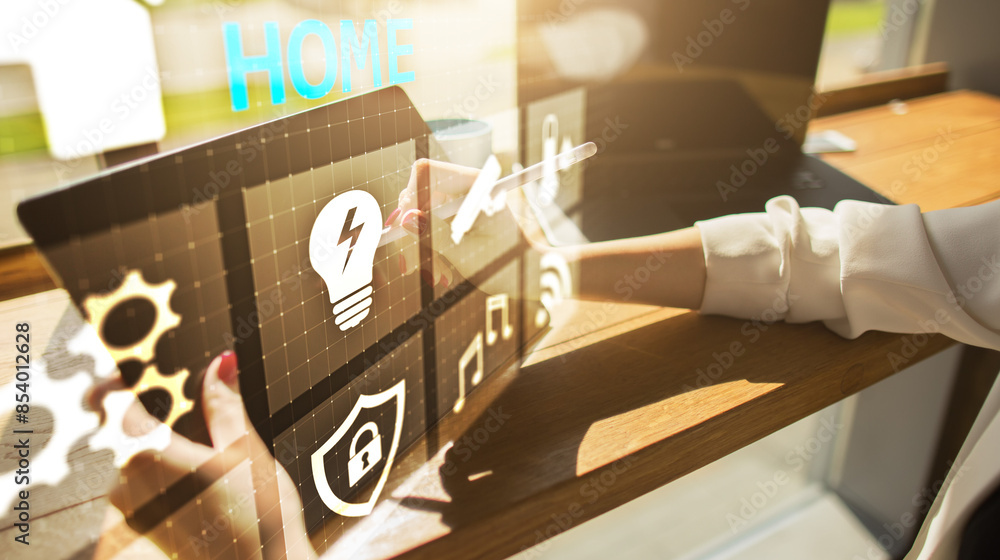 Poster smart home control panel on virtual screen. internet of things, iot, process automation concept.