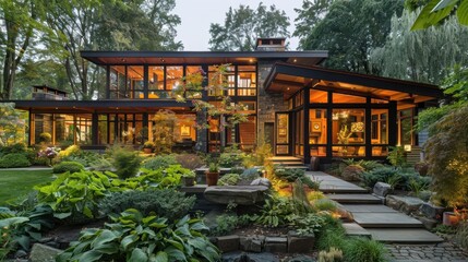 Passive solar design house, large windows, sunlit interiors