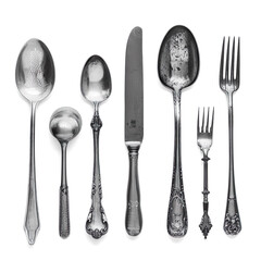 Vintage Silver Cutlery isolated on a transparent background 