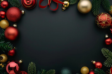 Dark Christmas background, flat lay copy space backdrop with Christmas decorations