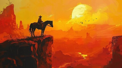 Cowboy riding horse at sunset. Vintage style, digital art, painting, Generative AI