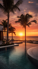 Obraz premium Sunset on the sea. Beach, pool, palms and sunset. Romantic concept.