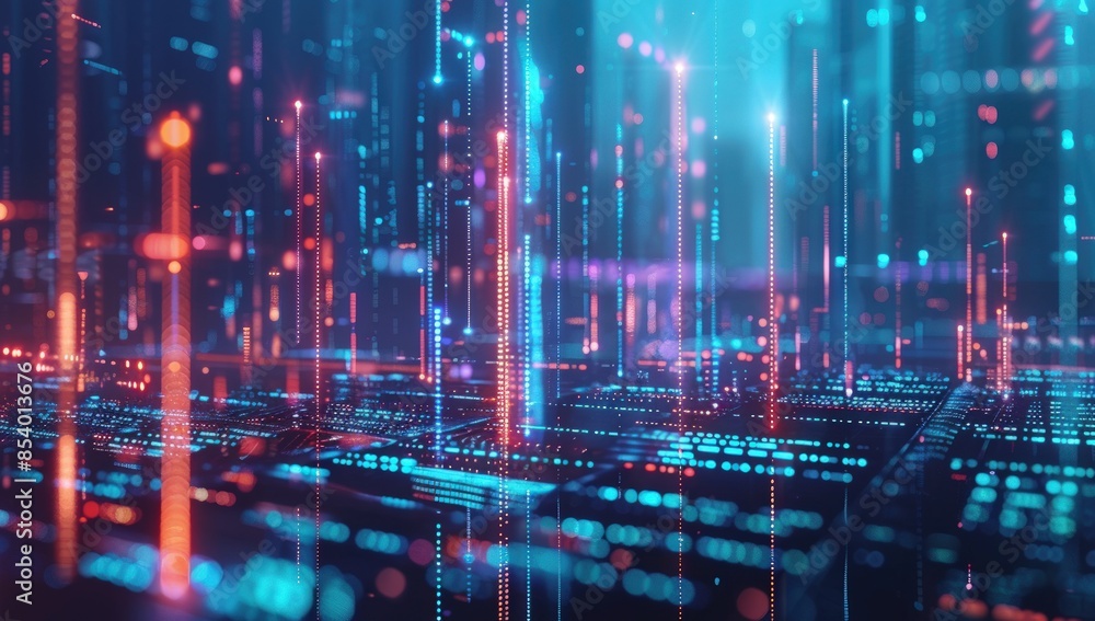 Poster a colorful image of a cityscape with many lines and dots