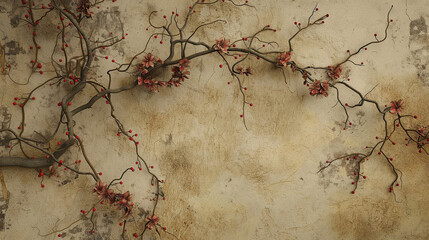 beautiful flowers and branches in the form of a frame on the wall, place for a postcard, copy space